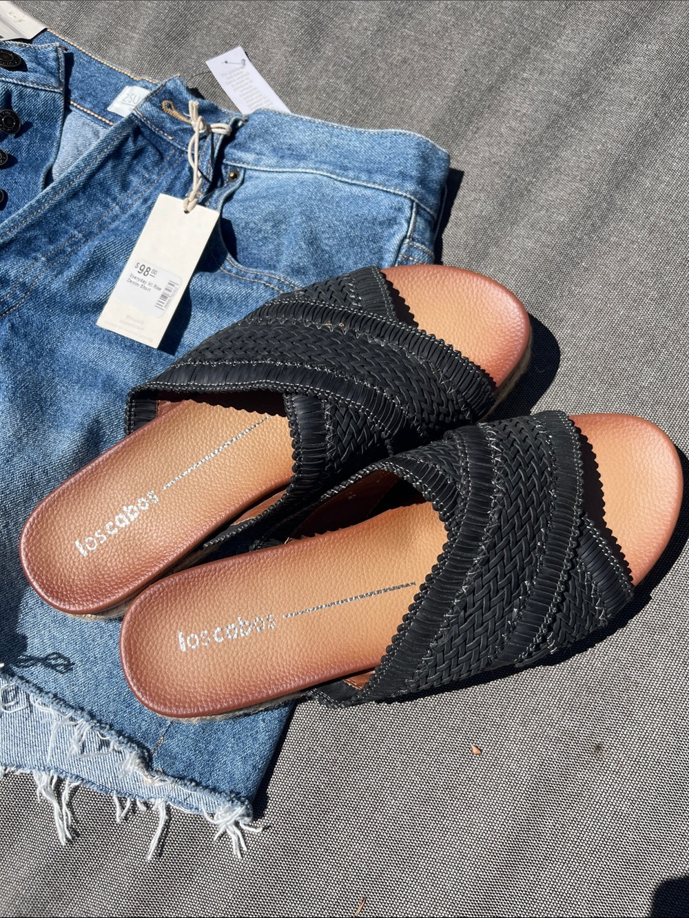 Los Cabos Black Woven Slide Sandals with Brown Insole